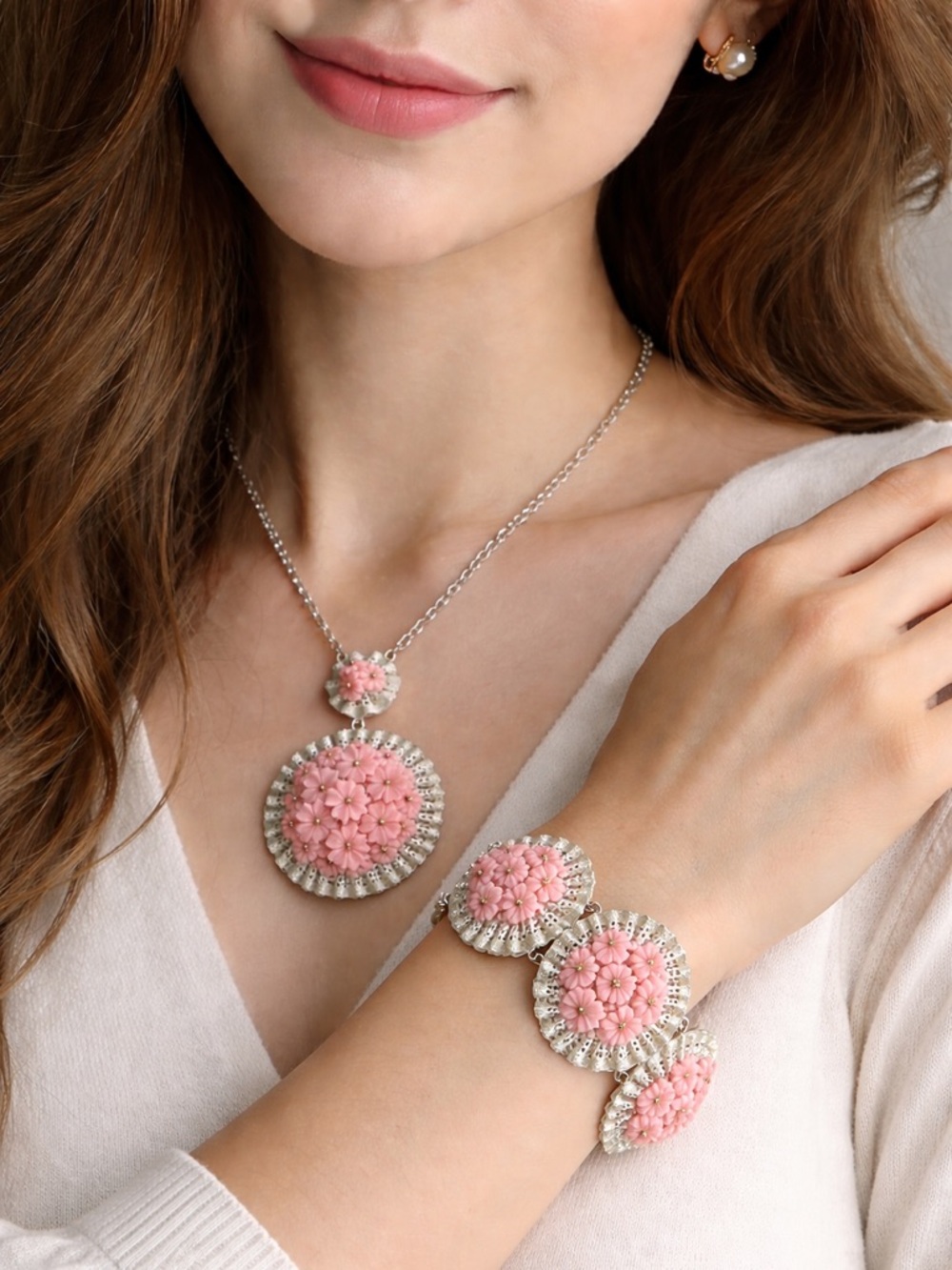 Rare Verified by book Miriam Haskell Pink Flowers Necklace and bracelet Set.